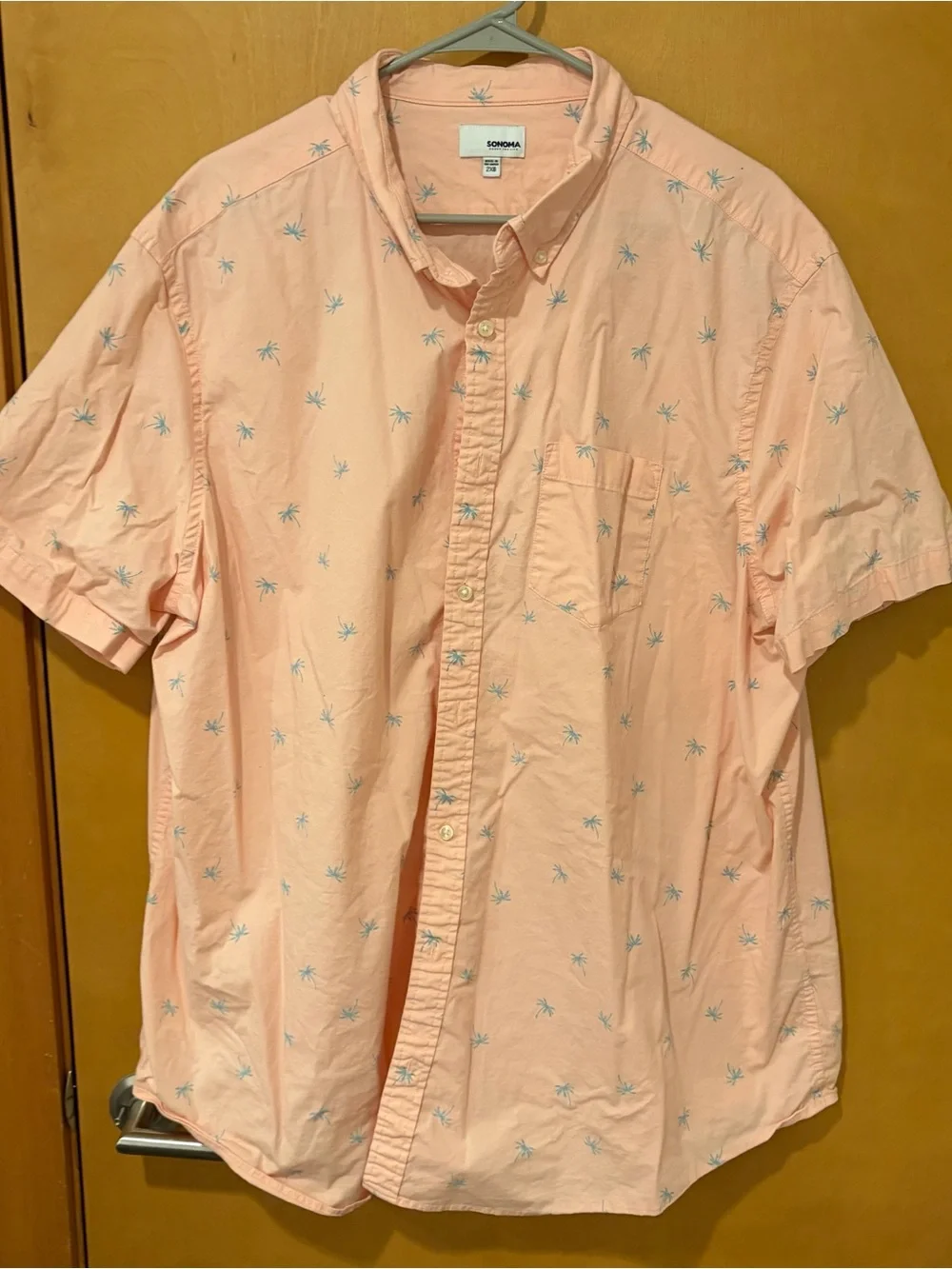 Sonoma Peach Short-Sleeve Button-Down Shirt with Teal Palm Print 2XB mens